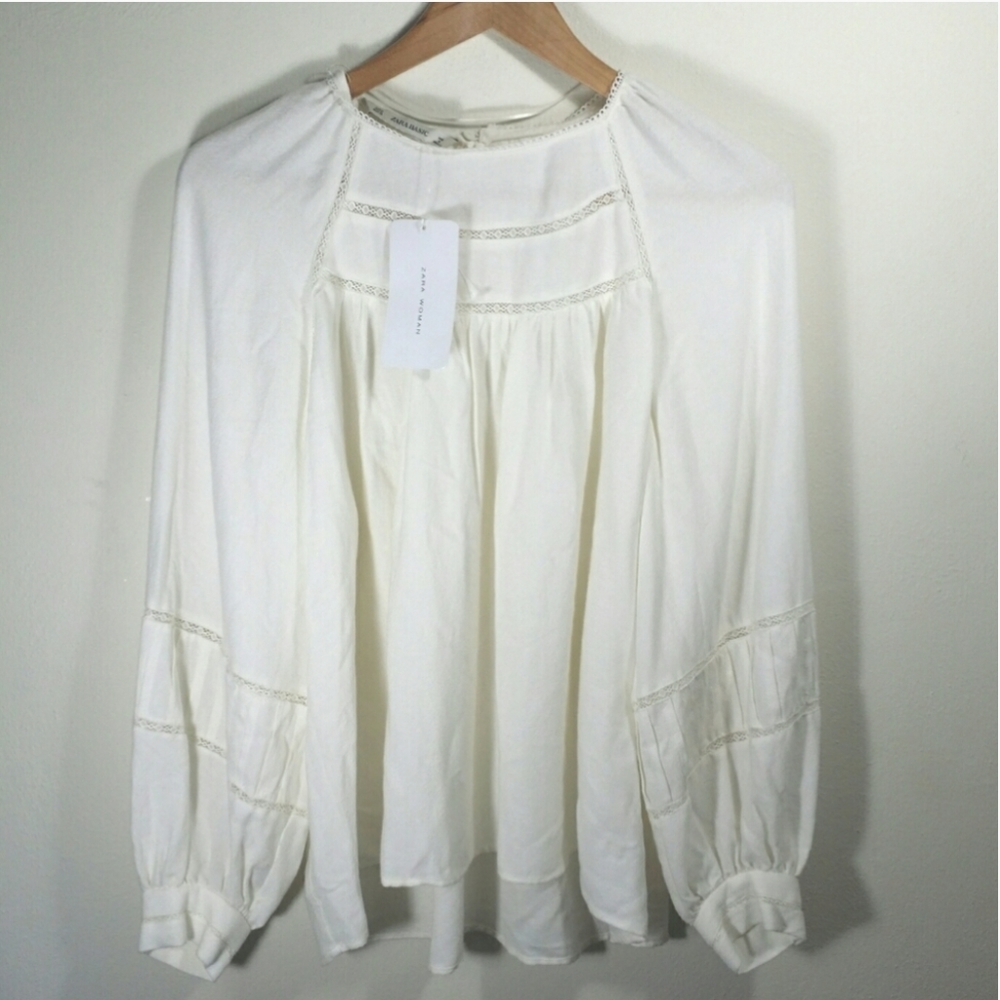 NWT Zara cream high neck balloon sleeve blouse - Picture 2 of 7